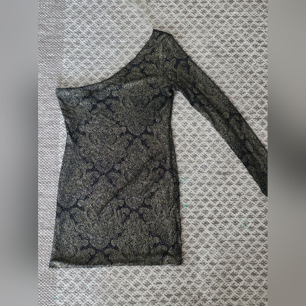 Guess by Marciano Black and Gold One-Shoulder Dress Stretch Mini Elegant Size L